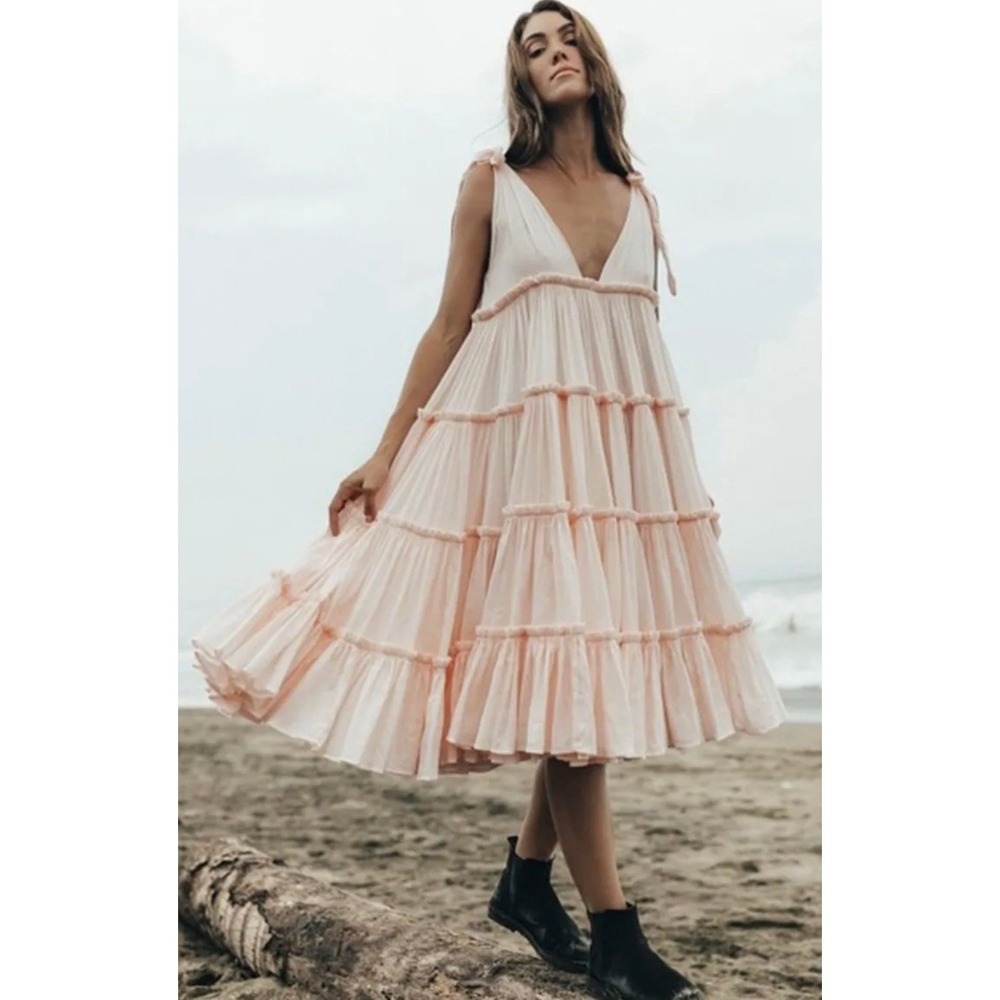 Innika Choo Dress Womens 1 Peach Ramie Big Frill Long Deep V Neck Tiered Midi